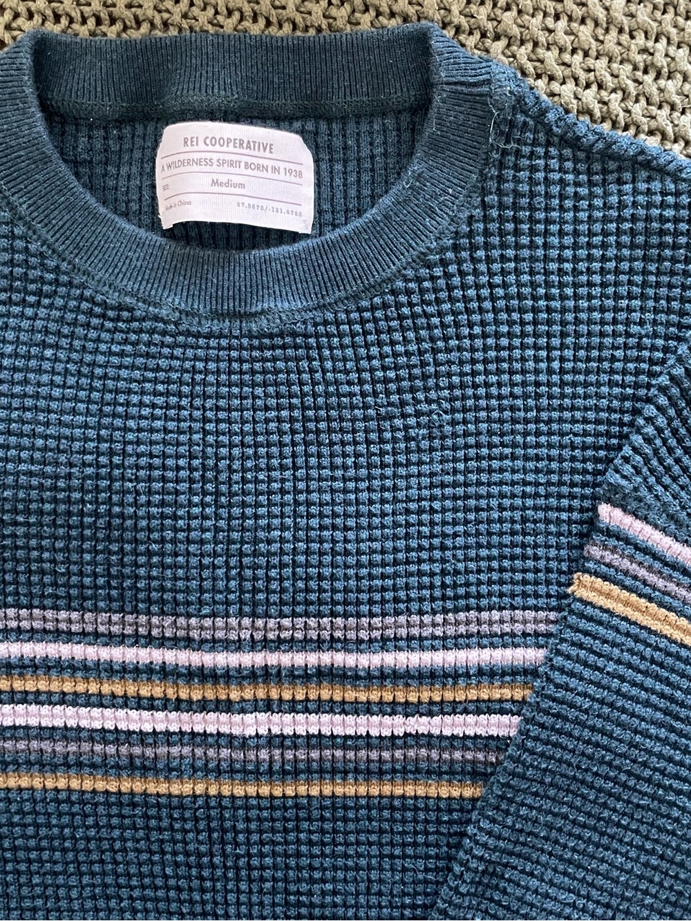 REI Dark Blue Waffle Knit Crewneck Sweater with Stripe Detail - Picture 3 of 3
